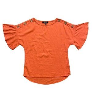 Ellen Tracy Coral Pink Linen Blend Button Accent Bell Sleeve Top NWT Size Small